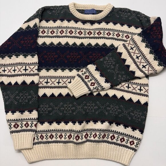 Vtg Savile Row Mens M Sweater Chunky Fair Isle Long Sleeve Rag Cotton Crewneck - Picture 1 of 8